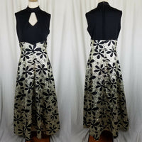 Vintage Black & Gold Metallic Maxi Floral ALine Keyhole Dress Womens S M Party