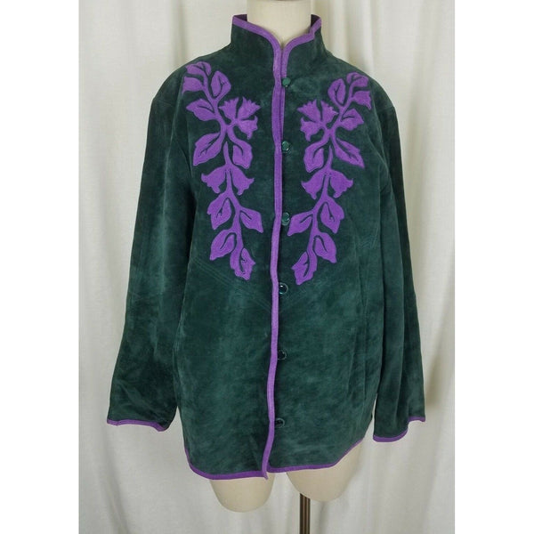 Vintage Linea Louis Dell'Olio Green Suede Leather Floral Vines Jacket Womens M