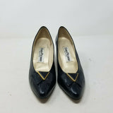 Evan Picone Black Leather Pumps Gold Bow Shoes Kitten Heels Low Womens 6.5 Spain
