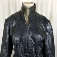 Navarree Leather Black Belted Patchwork Piecework Coat Jacket Womens L High Neck