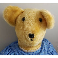 Vintage 1970s Plush Stuffed Blonde Teddy Bear in Blue Calico Dress Petticoat 26"
