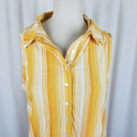 Rain Striped Sleeveless Button Up Tie Knot Waist Top Tunic Blouse Womens L White