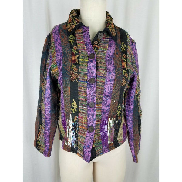 Coldwater Creek Boucle Tapestry Metallic Silk Wool Purple Jacket Womens PXS