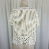Short Sleeve Floral Crochet Loose Knit Sweater Top Tunic Womens S M Ivory Cream