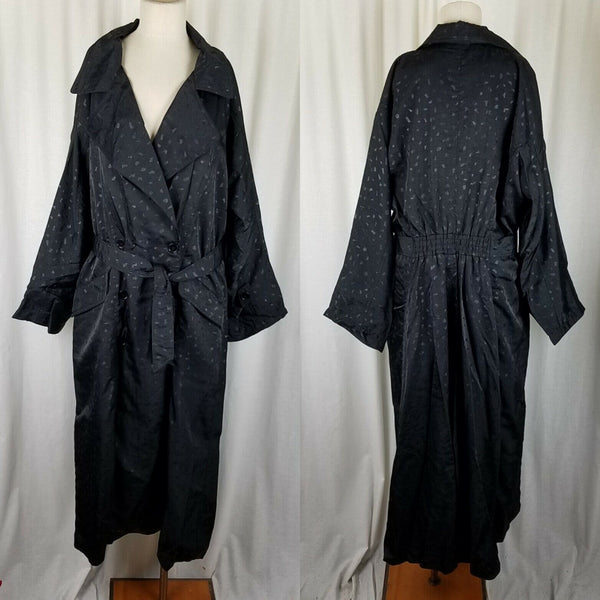 Climate Zone Black Nylon Sheen Speckled Belted Tie Spy Trench Coat Womens 16 80s