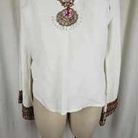 Inca Heavily Beaded Trim Linen VNeck Bell Sleeve Tunic Top Blouse Womens M India