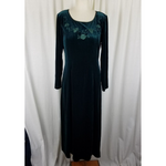 Vintage Coldwater Creek Floral Embroidered Green Velvet Maxi Dress Womens 10 USA