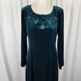 Vintage Coldwater Creek Floral Embroidered Green Velvet Maxi Dress Womens 10 USA