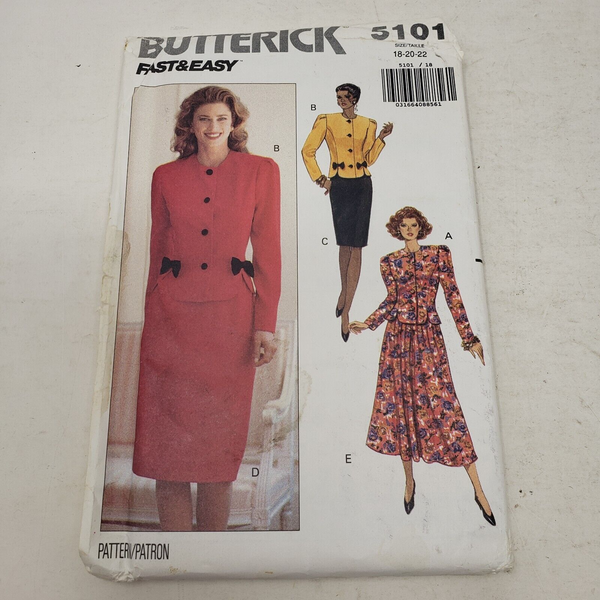 BUTTERICK Fast & Easy Sewing Pattern 5101 Women Sizes 18-20-22 Skirt Jacket Suit