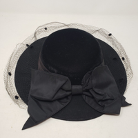 Vintage Whittall & Javits Black Velvet Mesh Lace Veil Satin Bow Hat Womens 20 in