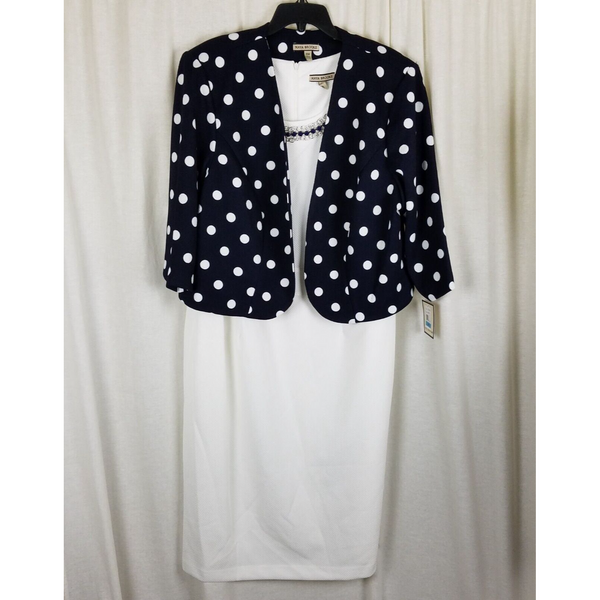 Maya Brooke Polka Dot Printed Short Jacket & Tank Dress Set Womens 16 Navy White
