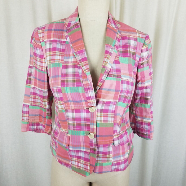 Lord & Taylor Patchwork Madras Plaid Jacket Blazer Womens 2 3/4 Sleeves Pink