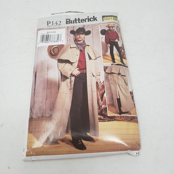 BUTTERICK History Sewing Pattern P142 Mens Sizes XS-S-M Long Duster Western Coat