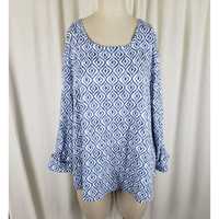 Chico's Ikat PrintScoop Neck Tunic Top Shirt Womens Sz 3 XL Lagenlook Blue White