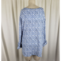 Chico's Ikat PrintScoop Neck Tunic Top Shirt Womens Sz 3 XL Lagenlook Blue White