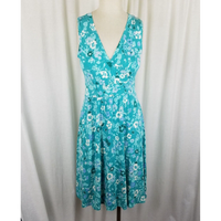 LL Bean Stretch Faux Wrap Floral Summer Twirl Dress Womens XS Banded Waist Green