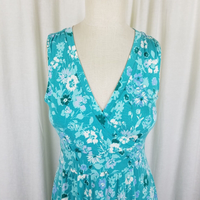 LL Bean Stretch Faux Wrap Floral Summer Twirl Dress Womens XS Banded Waist Green