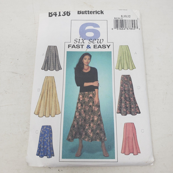 BUTTERICK 6 Six Sew Fast & Easy Sewing Pattern B4136 Women Sz 8-10-12 Skirts