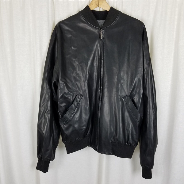 Vintage Jose Luis Black Lamb Leather Cafe Bomber Baseball Jacket Mens 44R USA