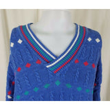 Vintage Izod VNeck Diamond Cricket Cable Knit Sweater Mens L England Blue 80s