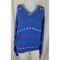 Vintage Izod VNeck Diamond Cricket Cable Knit Sweater Mens L England Blue 80s