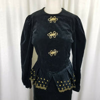 Jan Briggs Black Velvet Peplum Dress Gold Embellishments Womens 12 Vintage 80s