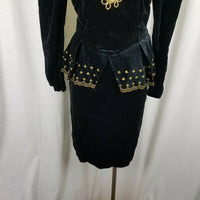 Jan Briggs Black Velvet Peplum Dress Gold Embellishments Womens 12 Vintage 80s