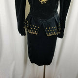 Jan Briggs Black Velvet Peplum Dress Gold Embellishments Womens 12 Vintage 80s