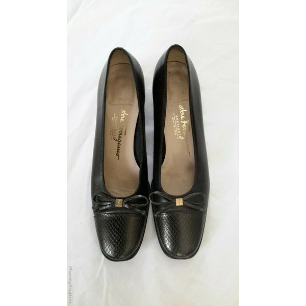 Salvatore Ferragamo Boutique Snake Skin Look Bow Low Heel Black Italy Womens 6
