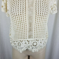 Short Sleeve Floral Crochet Loose Knit Sweater Top Tunic Womens S M Ivory Cream