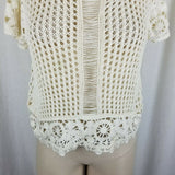 Short Sleeve Floral Crochet Loose Knit Sweater Top Tunic Womens S M Ivory Cream