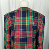 Chaus Tartan Scotch Plaid Wool Collarless Blazer Jacket Womens L XL Vintage 80s