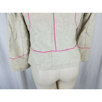 Sigrid Olsen Woven Tan Linen Cotton Pink Piped Button Up Jacket Blazer Womens 8