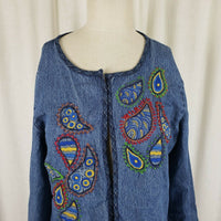 Serengeti Open Front Embroidered Paisley Denim Blue Jean Wrap Jacket Womens L