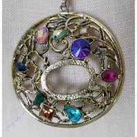 Colorful Jeweled Medallion Pendant Necklace Silver Filigree Statement Charm