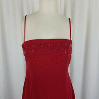 Tahari Petites Red Maxi Fitted Slinky Sexy Beaded Dress Womens 12P 80s Vintage