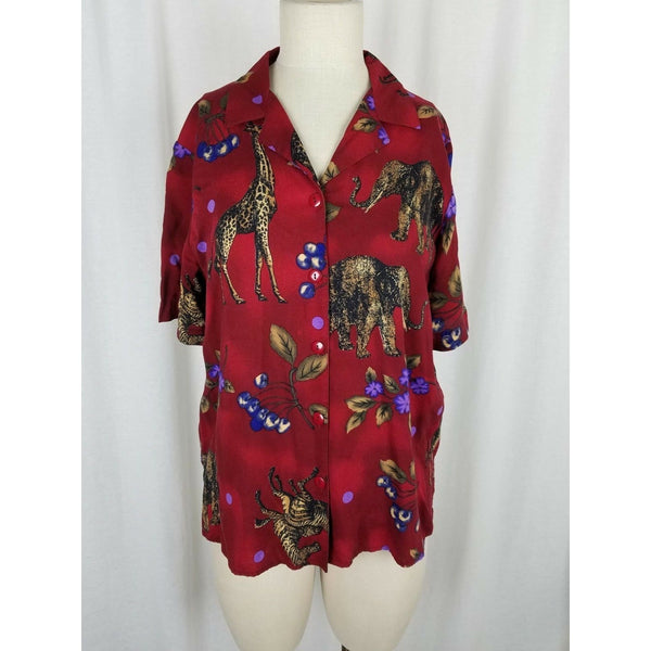 Tapestry Animals Elephants Giraffe Safari Zoo Print Tunic Blouse Top Womens M