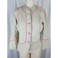 Sigrid Olsen Woven Tan Linen Cotton Pink Piped Button Up Jacket Blazer Womens 8
