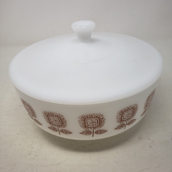 Vintage Federal Milk Glass Brown Sunflower Covered Serving Dish Bowl 3.5 Quart