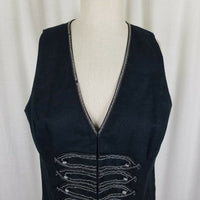 Chico's Linen Embroidered Pointed Vest Womens 1 M Half Belted Back Zip Up Black