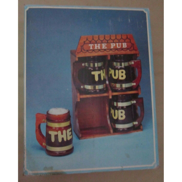 Wooden "The Pub" House Set Mid Century 70s Glass Wood Beer Steins Mugs Glasses