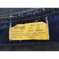 Vintage Wrangler Slim Fit Denim Blue Jeans Mens 34 Medium Made in USA 84413KB