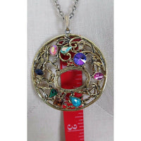 Colorful Jeweled Medallion Pendant Necklace Silver Filigree Statement Charm