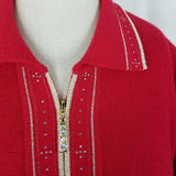 Escalier 100 Jeweled Zip Up Jacket Santana Knit Sweater Jacket Womens L Red Tan