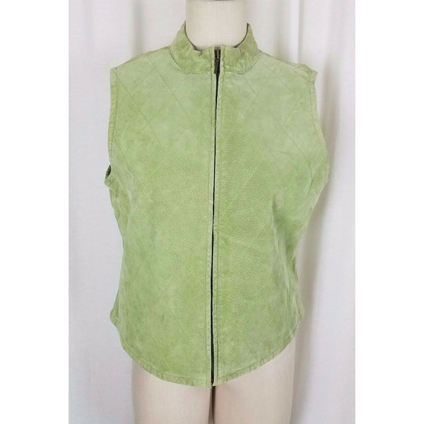 Catherine Stewart Quilted Lime Green Washable Suede Leather Zip Up Vest Womens L