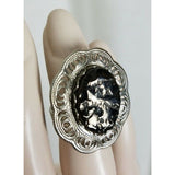 Oval Polished Black Coal Look Adjustable Ring Womens One Size Band Faceted Frame