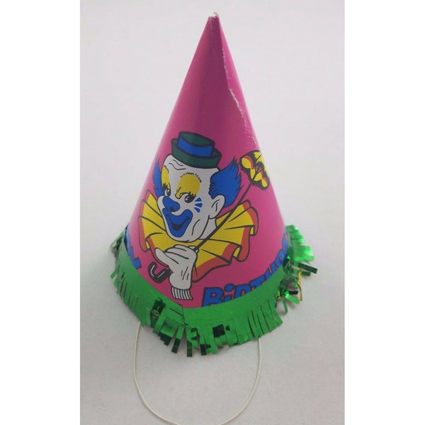 Vintage Circus Clown Happy Birthday Party Paper Cone Hat Pink Bozo Green Fringe