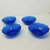 Avon Royal Sapphire Cobalt Blue Glass Cereal Soup Bowls Leaf Fan France Set of 4