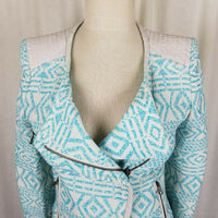 Trafaluc Zara Aztec Side Zip Up Raw Fringe Padded Shoulders Jacket Womens S Blue