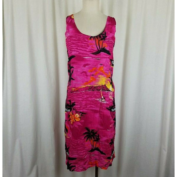 Barbados Hawaiian Tiki Hot Pink Scoop Neck Rayon Floral Tank Dress Womens M L